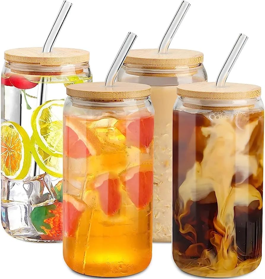 Can Glass Tumbler Mug with Steel/Glass Straw and Lid